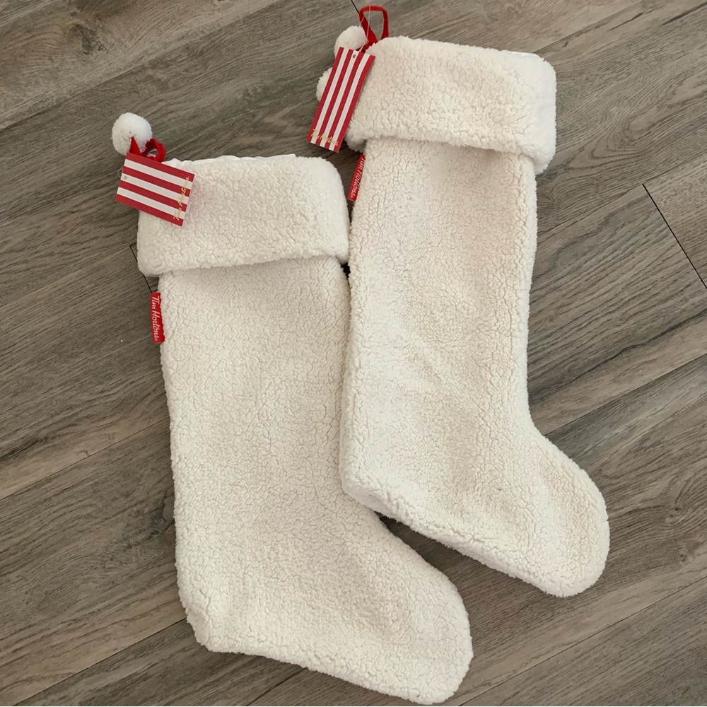 New 2 Tim Hortons Cream Christmas Sherpa Holiday Stockings 2022 Pom Pom 20 inch